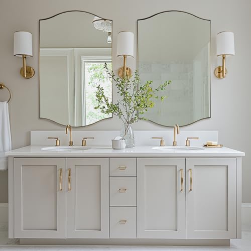 Image of ANDY STAR 30 inchx48 inch Scalloped Mirror,Brushed Gold Rectangle Bathroom Mirror with Curved Edge Stainless Steel Metal Frame, Large Wall-Mounted Mirror for Bathroom, Entryway (Horizontal /Vertical)