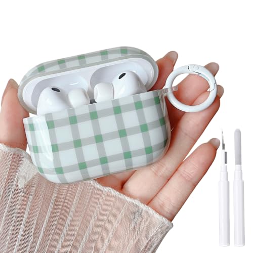 Image of MINSCOSE for AirPods Pro 3 Clear Case,Cute Retro Plaid Pattern Design with Girly Keychain Lock,Soft TPU Protective Shockproof Cover with Cleaner Kit for Girls Women for AirPods Pro 3-Green