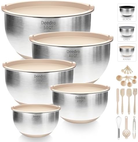 Deedro Premium Mixing Bowls with Airtight Lids Set, 22Pcs Thicker Stainless Steel Mixing Bowl Set, Large Prep Metal Bowls, Non-Slip Silicone Base Nesting Bowls for Kitchen, 1.5/2/3/4/5 QT, Black - Thumbnail 2