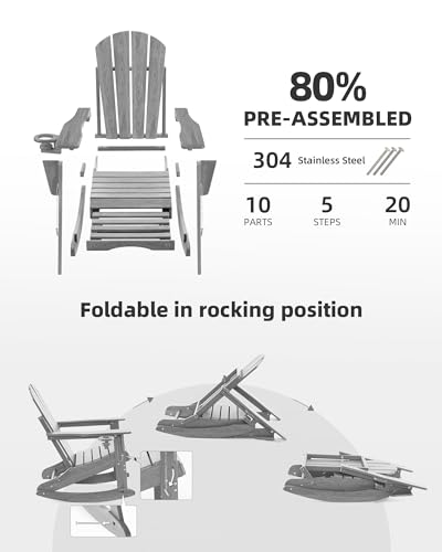 Serique Folding Adirondack Rocking Chair,4-In-1 Multifunctional Patio Chair With Retractable Ottoman thumb #5