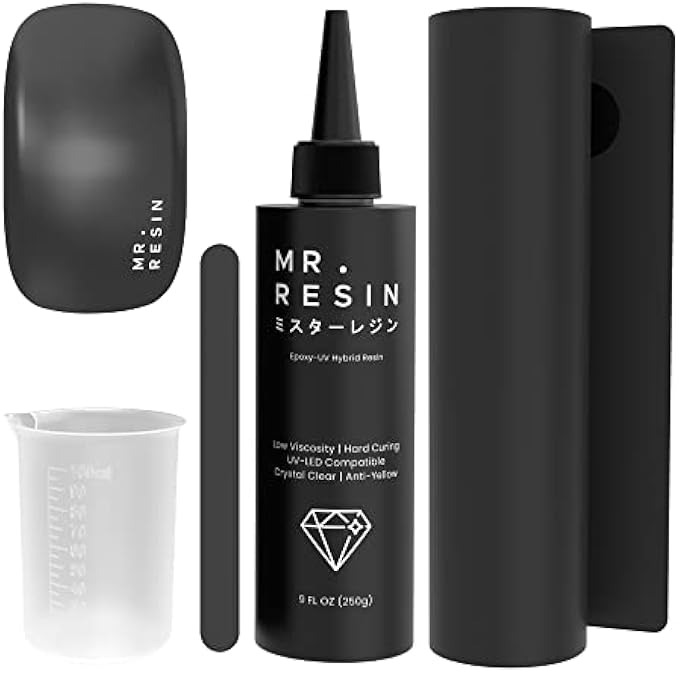 MR. RESIN BLACK LINE NEW FORMULA! - Extra Anti-Yellowing & Low Odor! UV Resin is used in jewelry and key chain making, rock painting and more. Includes silicone tool, pad and curing light (250g set)