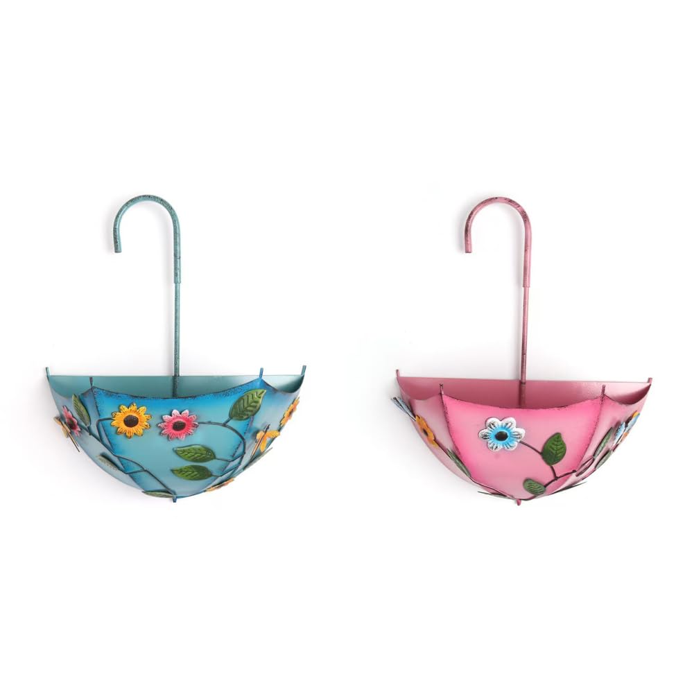 HTU Metal Umbrella Hanging Planter, Metal Plant Umbrellas Pots with Drainage Holes, No-Drill Farmhouse Umbrella Shaped Wall Hanging Planter for Flowers Indoors Outdoors Home Windows Use-Blue+Pink