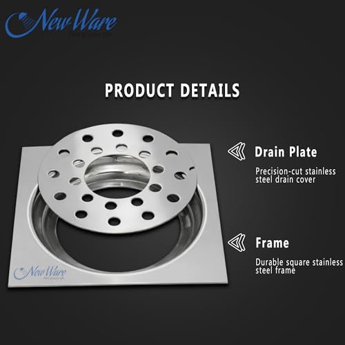 Image of NEW WARE Square 4x4 Inch Stainless Steel Bathroom Jali Trap Floor Drain with Center Hole | Heavy Duty Chrome Finish Water Drain Grating | Rust Proof Anti Clog Drain Cover for Bathroom Kitchen Balcony