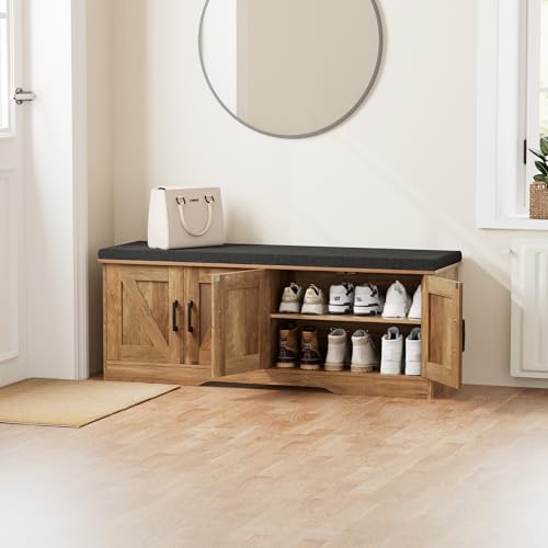 Image of HOMSHO Farmhouse Shoe Storage Bench with 4 Barn Doors & Padded Seat Cushion | 47.2 inch Wide Entryway Bench with Adjustable Shelves & Hidden Storage, Rustic Walnut