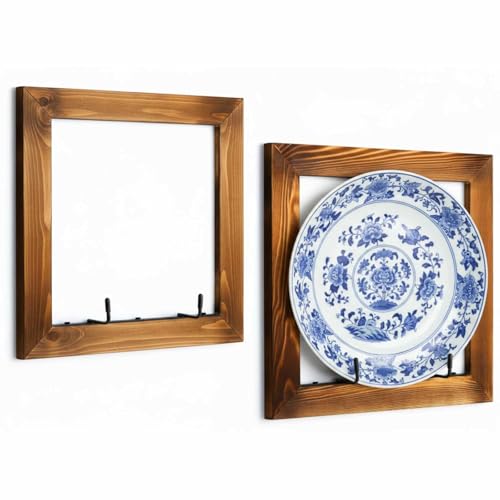 Yalikop 2 Set Plate Hangers, Wall Mounted Wooden Plate Display Holders, Rustic Burnt Solid Wood Frame with Black Metal Hooks for 8 to 11 Inch Plates, Platters & Dishes for Home & Kitchen Decoration
