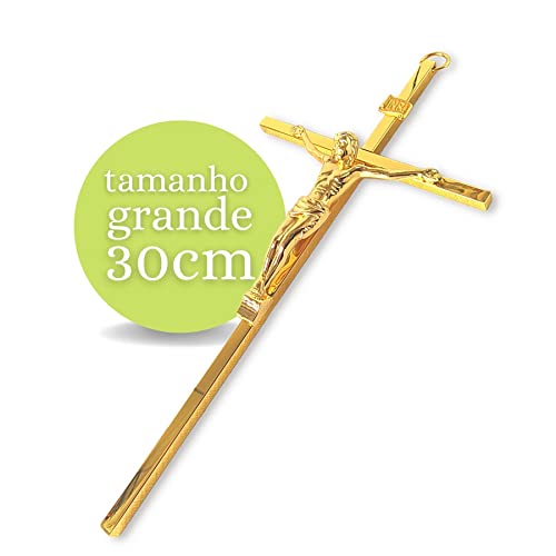 Crucifixo de Metal de Parede Dourado Estilizado Grande 30cm Elegante Moderno Metalizada Cruz Parede