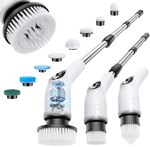 Electric Spin Scrubber, Cordless Cleaning Brush with 8 Replaceable Heads, Five-Speed Power Scrubber with Adjustable Handle fo
