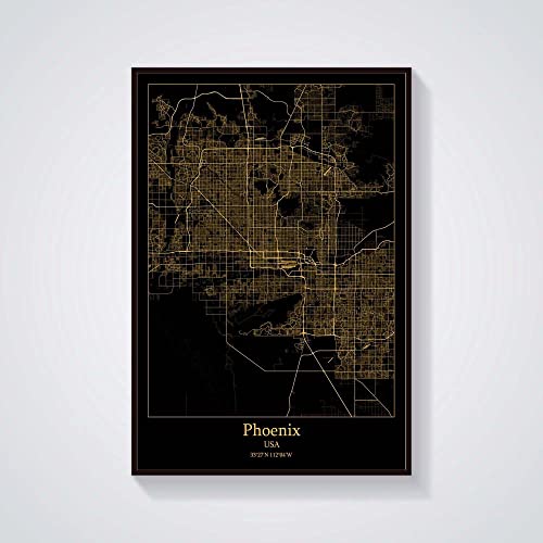 YMXCNM Cuadro Sobre Lienzo,Phoenix Usa City Map Prints Posters Wall Painting Black Gold Art Painting Rectangle Pictures Pop Artwork For Living Room Bedroom Home Decor,20X30 Cm/ 7.87X11.81 In