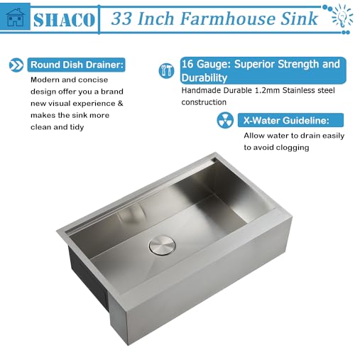 Image of SHACO 33 Inch Stainless Steel Farmhouse Sink, 33x20 Single Bowl Ledge Workstation Flat Apron Front Farm Kitchen Sink with Cutting Board, Brushed Nickel