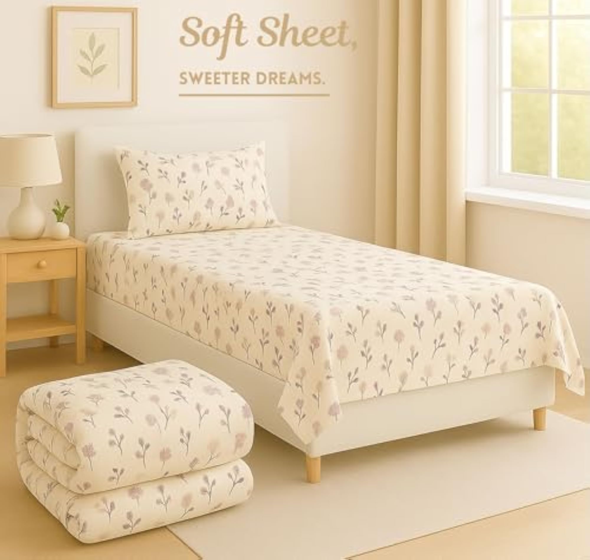 3 Piece Bedding Set with Bedsheet, Pillow Cover & Comforter
