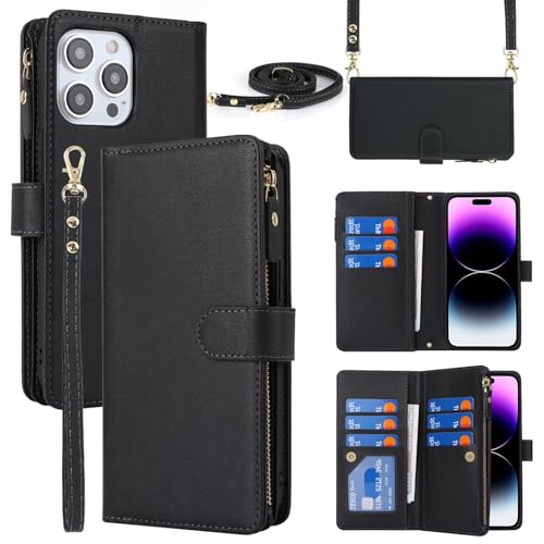 Jaorty Crossbody iPhone 15 Pro Case with Strap Lanyard,for Apple iPhone 15 Pro Phone Wallet Case for Women with Card Holder,Zipper Pocket Magnetic Flip Leather iPhone 15 Pro Case,6.1