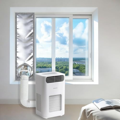 Aozzy 180 cm para aire acondicionado móvil, sellado de ventanas, plateado y tela Oxford, 100% opaco, resistente a los rayos UV, impermeable, detiene el aire caliente, tamaño ajustable para ventanas