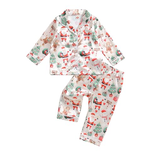 Multitrust Baby Girls Boys Silk Christmas Pajamas Set Santa Claus Long Sleeve Button Down Shirts and Pants Xmas Satin Pj Sets