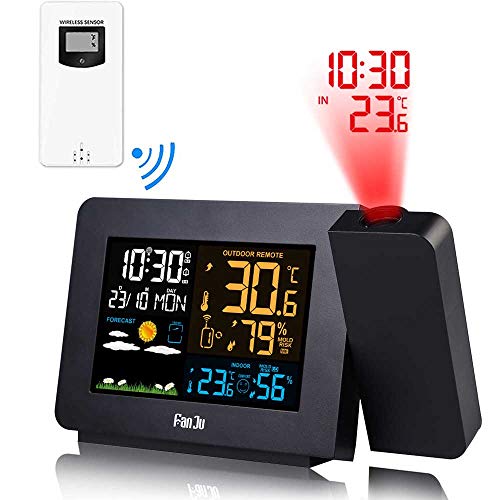 Wireless Indoor Outdoor Thermometer, Projection Alarm Clock for Bedrooms with Weather Station