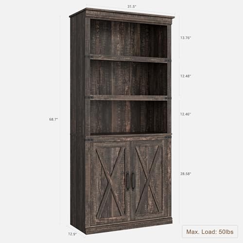GAOMON Farmhouse Bookcases with Doors, 5 Tier Bookshelf with Storage, 70 inch Tall Bookshelf and Bookcase, Wooden Storage Cabinet for Living Room, Home, Office, Bedroom (Dark Oak)
