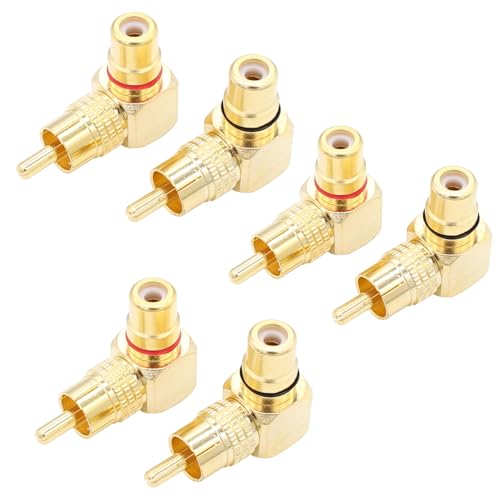 exgoofit RCA Right Angle Adapter Gold-Plated, 6-Pack 90 Degree RCA Male to RCA Female Connector Adapter (3 Black +3 Red)