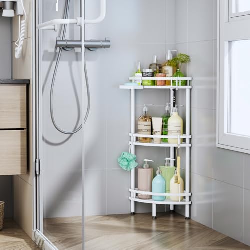 Image of HapiRm Standing Corner Shower Caddy - 3 Tier Shower Organizer Corner with Soap Holder and 4 Hooks, Rustproof Bathroom Storage Shelves with Adhesives, White