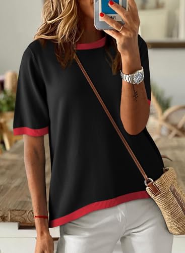 Image of Dokotoo Womens Tops 2026 Casual Summer Crewneck Short Sleeve Striped Color Block Knit High Low Trendy Pullover Sweaters
