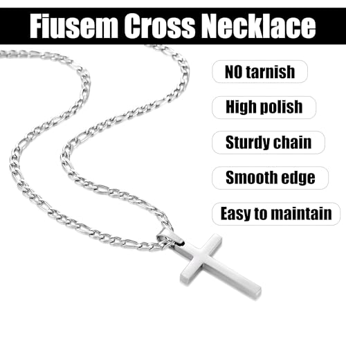 Fiusem Silver Tone Cross Necklace for Men, Stainless Steel Mens Cross Necklaces with 3.5mm Figaro Chain, Jewelry Gift Pendant Chain 16-24 Inches4