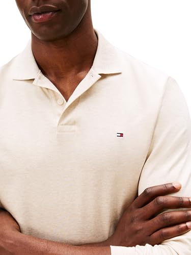 Tommy Hilfiger Herren-Poloshirt, langärmelig, flüssige Baumwolle, Normale Passform, Heathered Oatmilk, XL – Ansicht 3