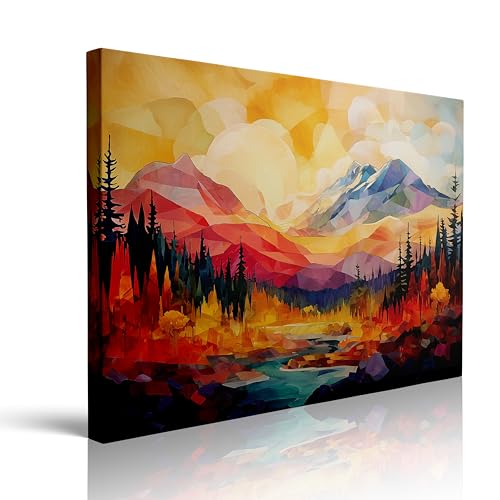 Abstract Mountain Sunset Canvas Wall Art Framed Print Color Block Painting Geometric Peaks with Forest River in Vibrant Warm Cool Tones Modern Nature Wall Decor Artwork 16x24 Inches