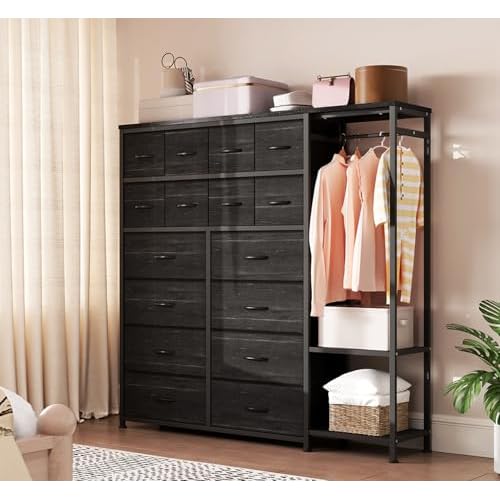 GarveeHome Dresser with 16 Drawers & Hanging Rod & Shelves, Fabric Storage Organizer for Bedroom, Closet, or Entryway, Black