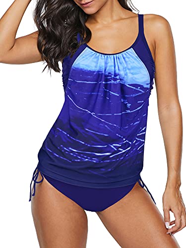 PONCEAU Damen Tankini Bauchweg Zweiteilig Badeanzug Zweiteiliger Tankini Set mit Slip Push Up Bademode Badeanzug 38-46