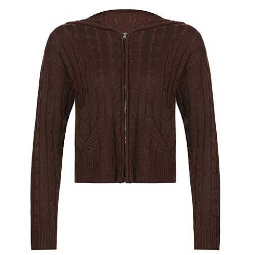 5665 Womens Cardigan Sweaters Hooded Sweatshirt Casual Long Sleeve Cable Knit Cropped Zip Up Jacket Fall Winter Hoodie Tops Brown #TOP4