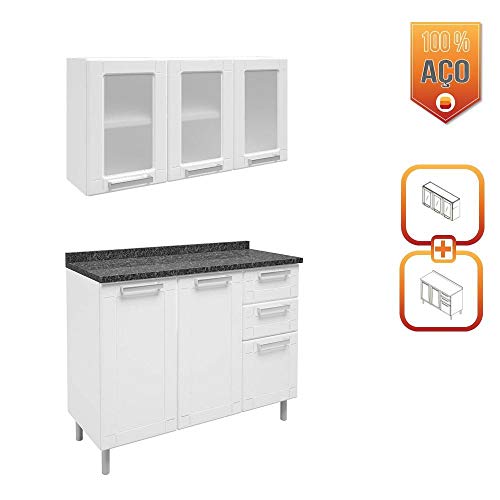 Cozinha de Aço Bertolini Multipla com Armario Aereo C/vidro e Balcao 6 Portas 2 Gavetas Branco