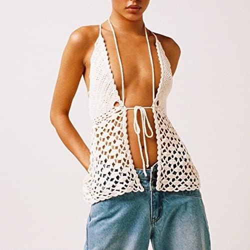 Blusa cropped de crochê Y2k vazada sem mangas regata com tiras e