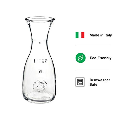 Bormioli Rocco Misura PZ Carafe, 33.75 oz - Embossed Marking, Wide Mouth & Lipped Rim for Easy Pouring - Thick Durable Glass for Water, Wine & Juice, Made in Italy, Dishwasher Safe