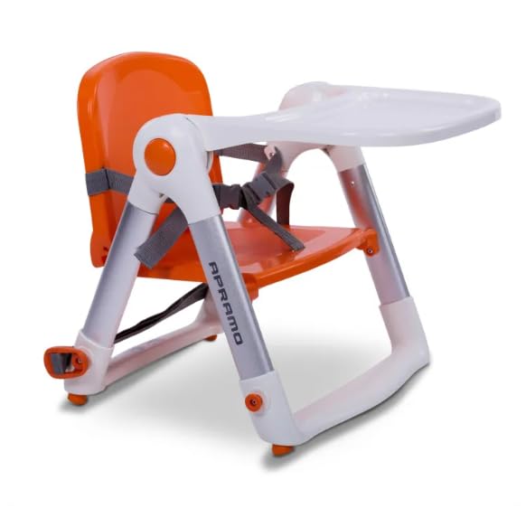 Image of Portable Baby High Chair, Orange and White, Foldable with Tray and Wheels, 6 Months to 3 Years