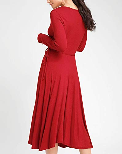 R.Vivimos Women Spring Autumn Long Sleeve Sweater Knitted Slim Elastic V Neck Sexy Midi Wrap Dresses (Small, Deep Red)