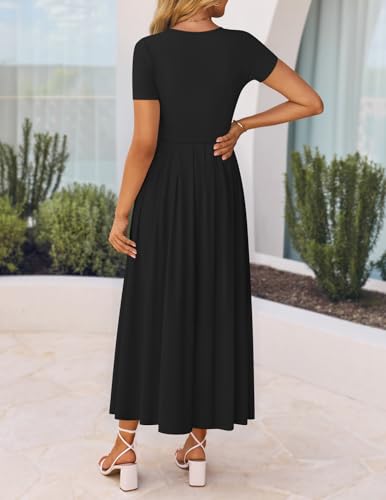 ZESICA Women's Summer Short Sleeve Maxi Dress 2025 Casual Crewneck Pleated A Line Flowy Long Dresses with Pockets3