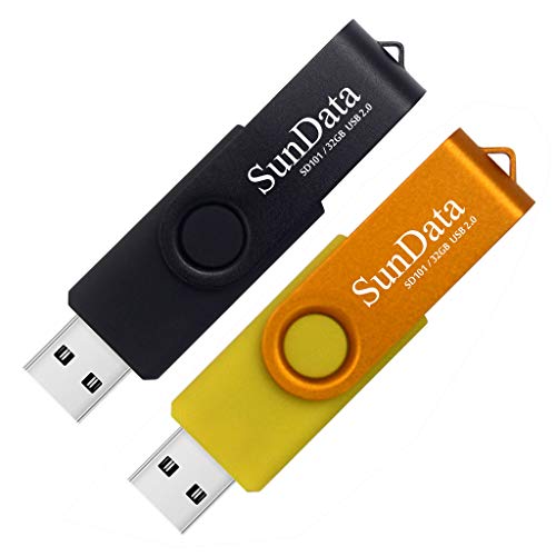 SunData 32GB Memorias USB 2 Piezas PenDrives 32GB Unidad Flash USB2.0 Giratoria Pen Drive con Luz LED (2 Colores: Negro Oro)