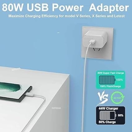 Image of 80W Charger for Vivo V25 Pro,21e 5G, V21, V21 Pro, Y73, 21 5G, V20 Pro, V20, V19, Y35 5G, 23e, V25e, Y35, V25 5G with Type C Cable White (DP7)