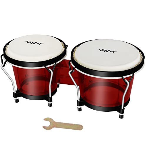 VANPHY Bongo Drum Set for Kids Beginners, Natural Adult Bongos with Tuning Wrench, Transparent Bongo Drums 6" and 7" Tunable,Percussion bongo drum Natural Animal Hides Metal (Red)