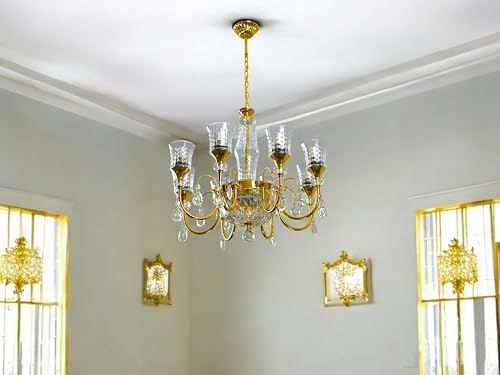 Image of Prop It Up Crystal Glass Chandelier, 8+1 Lights, Gold-Plated Metal Frame with Hanging Crystals, Traditional Design, Without Bulb