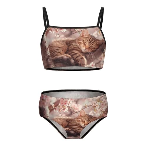 Cute Cat Sleeping on A Tree Girls Swimsuits Two Piece Bikini Sets Beach Sport Swimwear Bathing Suit 6-7Y?110cm?