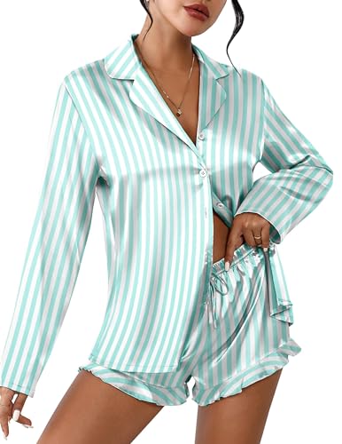 Image of Ekouaer Womens Satin Pajama Sets Long Sleeve Top and Shorts Lounge Set Button Down Sleepwear
