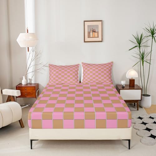 Image of Erosebridal Gaming Plaid Sheet Set Twin Geometric Checkered Bed Sheets Pink Brown Bedding for Kids Boys Girls,Cute Checkerboard Bed Sheets Set 3 Piece
