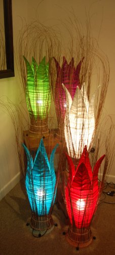 Colourful Tulip Flower Bud Table or Side Lamp with Grass from Bali - 80cm Tall - Red