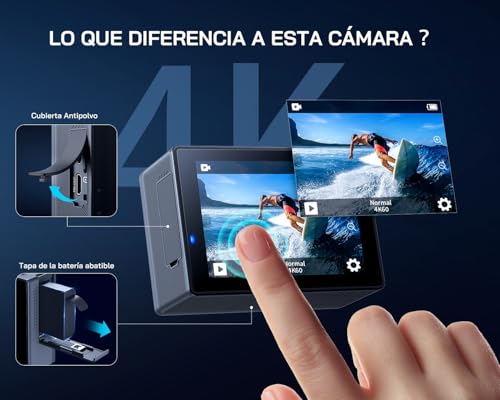 WOLFANG Cámara Deportiva WiFi 4K 60FPS GA300, Videocámara 8xZoom 24MP, Cámara Acuática Sumergible 40M con Micrófono Dual, 170° Gran Angular, EIS Mejorado, 2.4G Control Remoto, 2x1350mAh Baterías - imagen 2