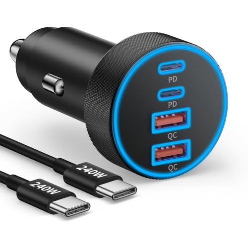 Car Charger USB C Fast Charge 90W 4-Port Car Phone Charger Super Fast Charging Dual USB-C & USB-A Cigarette Lighter Adapter with 240W Type C Cable for Samsung Galaxy S26/S25/S24/ S23 Pixel Android