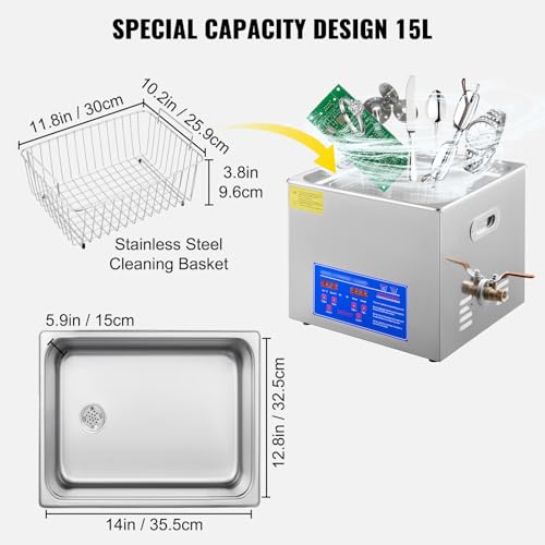 VEVOR 15L Sonic Cleaning, 40kHz Professional Cleaning Machine with Digital Timer & Heater, 110V - Ideal for Wrenches, Screwdrivers, and Industrial Parts Cleaning, FCC/CE/RoHS Certified