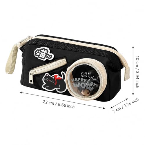 Image of Happy Cat Black Pencil Pouch for Girls & Boys, Large Capacity Multi-Compartment Zipper Pencil Case with Transparent Display Window & Front Pocket Organizer