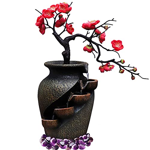 HSINYA Vintage Tabletop Water Fountains Indoor Waterfall with Fake Flowers&Amethyst Crystals Zen Decor for Meditation Japanese Decor with Fake Plants Feng Shui Decor for Good Luck Wealth (Style 2)