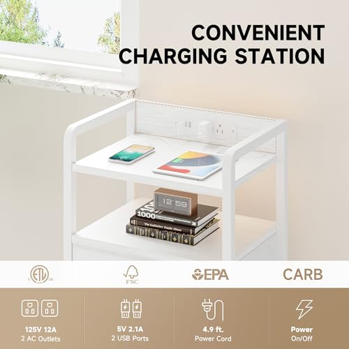 Night Stand Bedside Table Bedroom - Nightstand with Charging Station & LED Light Strip, Bed Side Table with Storage Shelf & 2 Fabric Drawers, Morden White End Table with U-S-B Ports & AC Outlets - Thumbnail 5