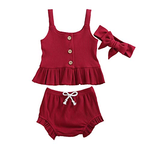 Newborn Infant Baby Girl Summer Clothes Knitted Suspender Dress Ruffle Tops+Shorts Pants Solid Outfits Set (T-Wine Red, 18-24 Months)