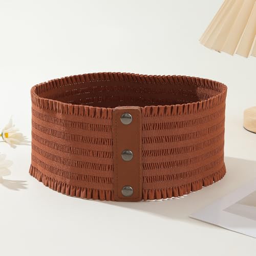 Women's Wide Elastic Belt Vintage Cinch Waistband Snap Button Corset Waist Band for Dress - Brown4